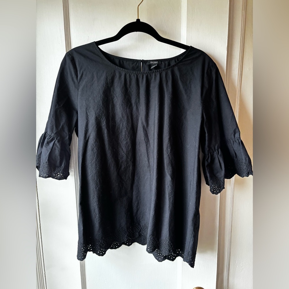 Ann Taylor Factory Black Eyelet Hem Blouse, size L